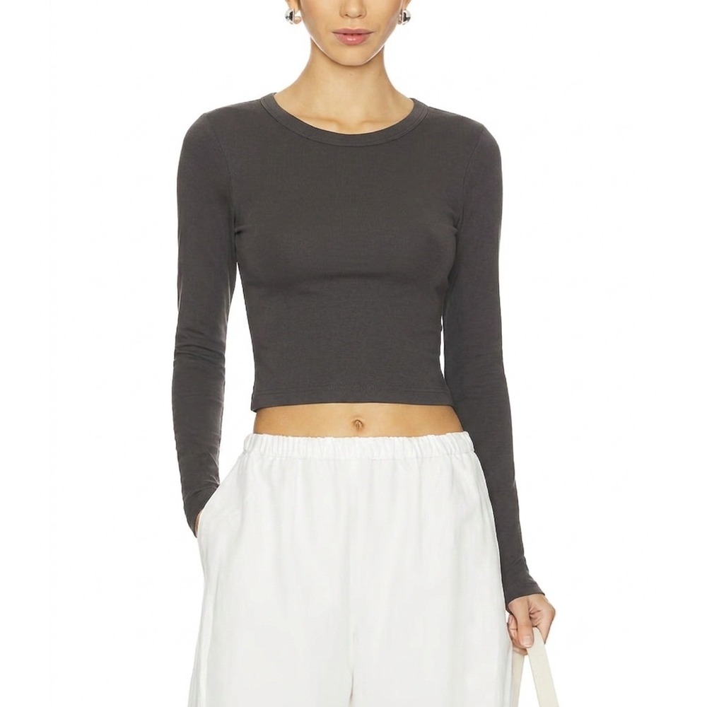 ENZA COSTA Supima Baby Rib Cropped Top Women XS Dark Gray Long Sleeve Crew Tee